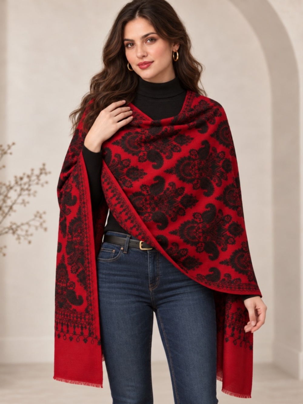 NEW Pashmina Blend Oversized Shawl Wrap, Black/Red, 40"x80" - Picture 2 of 9
